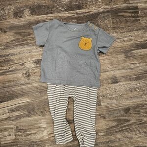 Gray Top with Bear Patch and Striped Pants Set